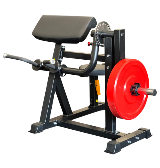 Plate Loaded Biceps Triceps Machine with a red weight and black seat, designed for strength training exercises.