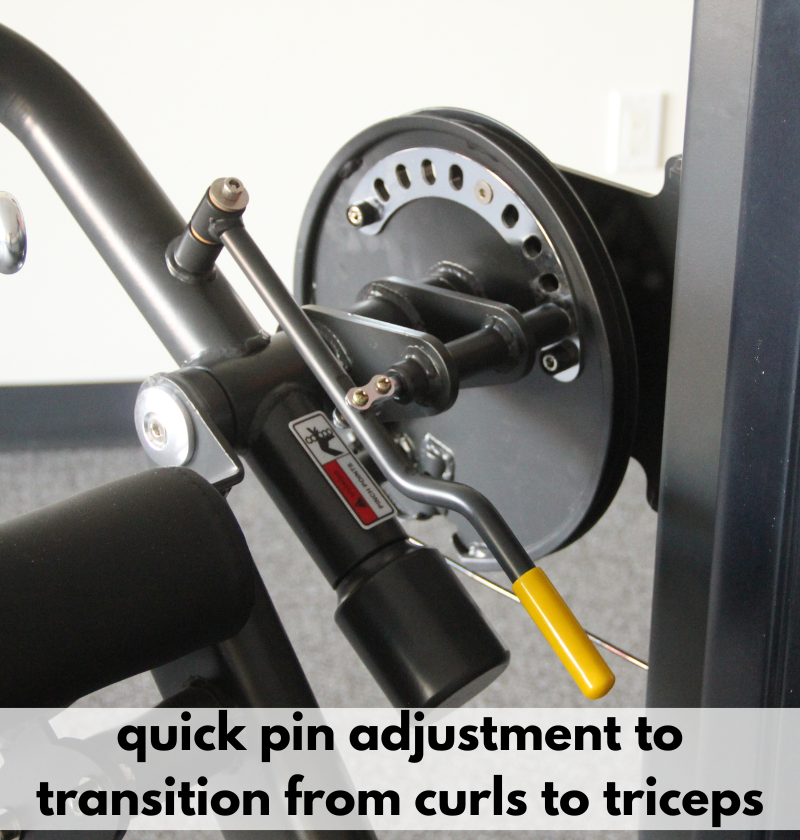 Image depicting a pin adjustment to easily transition from bicep curls to tricep exercises using the PL7924 equipment.