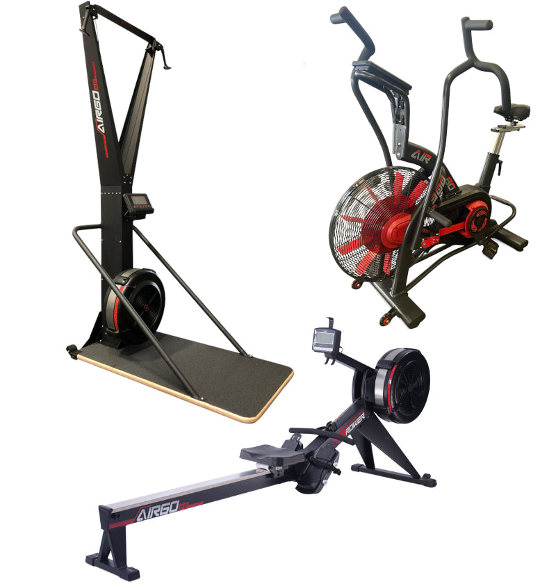 A selection of fitness equipment including an AirGo AirBike, AirGo Rower, and AirGo Ski Trainer in a combo package.