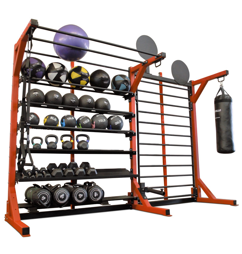ELITE Multi-Storage Rack featuring various weights and exercise balls organized for gym use.