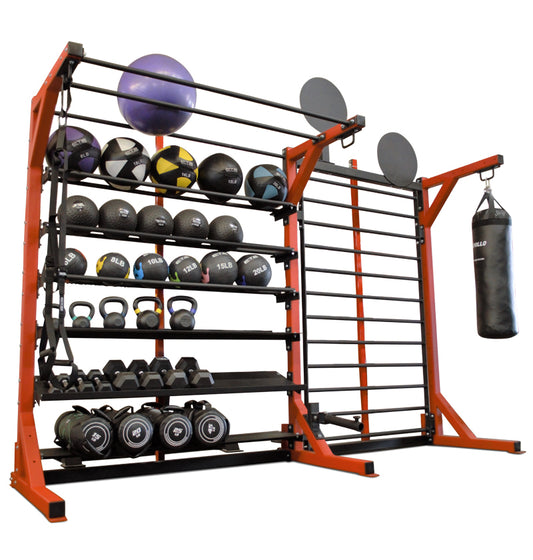 ELITE Multi-Storage Rack featuring various weights and exercise balls organized for gym use.