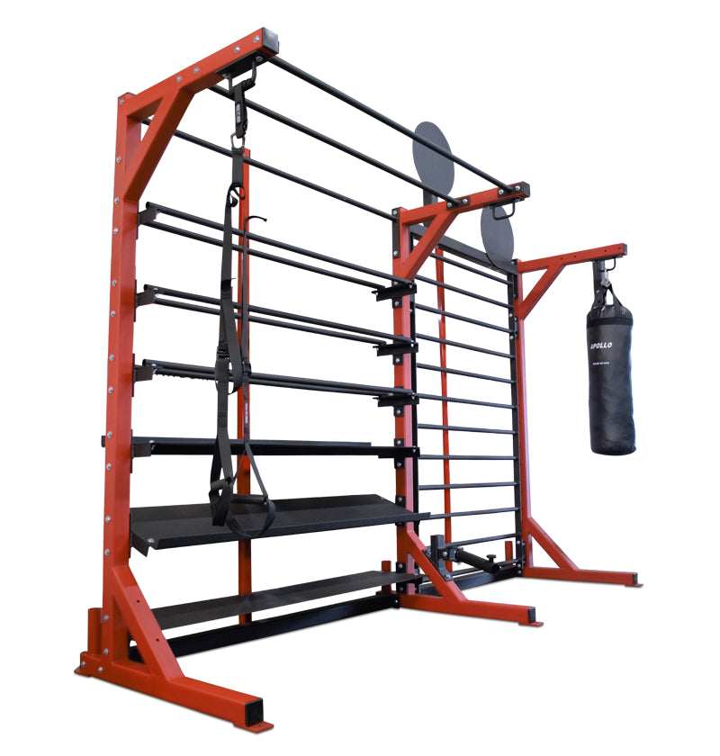 ELITE Multi-Storage Rack displaying a punching bag and stall bars, ideal for organized boxing workouts and training