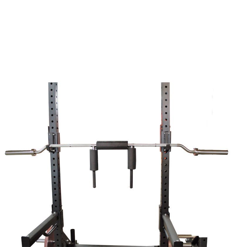 A black and red power rack featuring two bars, including a Safety Squat Bar for strength training exercises.