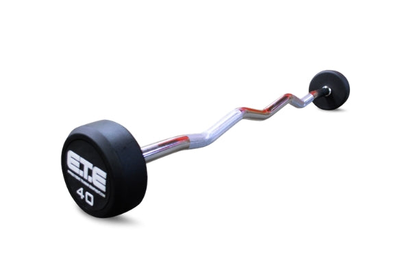 A barbell with a handle and metal bar, part of a urethane curl or straight bar set, available in 5 or 10 total barbells.