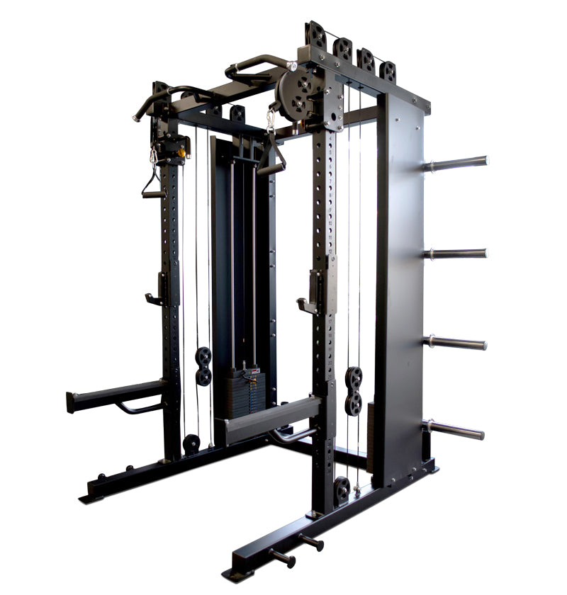 Display of a black Functional Trainer Squat Rack Front Load, a machine designed for effective strength and functional training workouts.