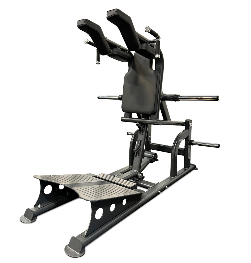 A squat machine featuring a padded seat and adjustable foot rests for strength training exercises.