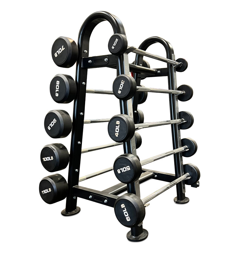 A black curl bar rack with multiple bars, designed for organizing and storing curl bars.