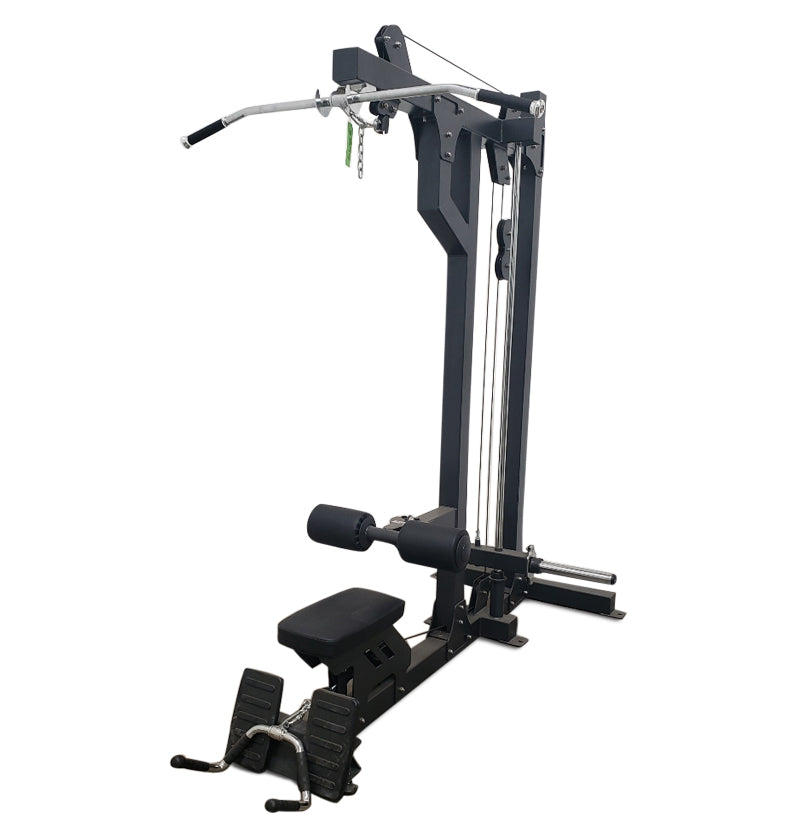 Black cable gym machine designed for Plate Loaded Lat Pulldown and Low Row workouts.