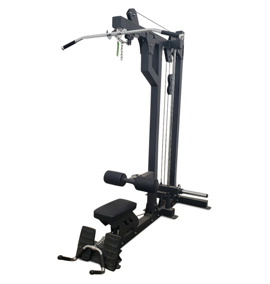 Black cable gym machine designed for Plate Loaded Lat Pulldown and Low Row workouts.