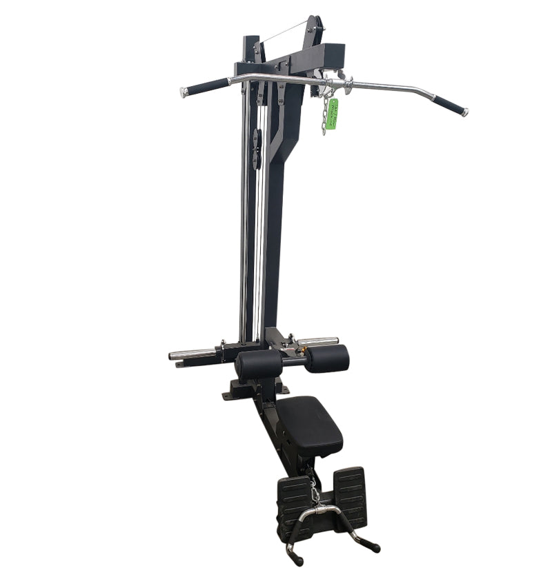 Black cable machine used for plate loaded back pulldown and low row exercises in a gym setting.