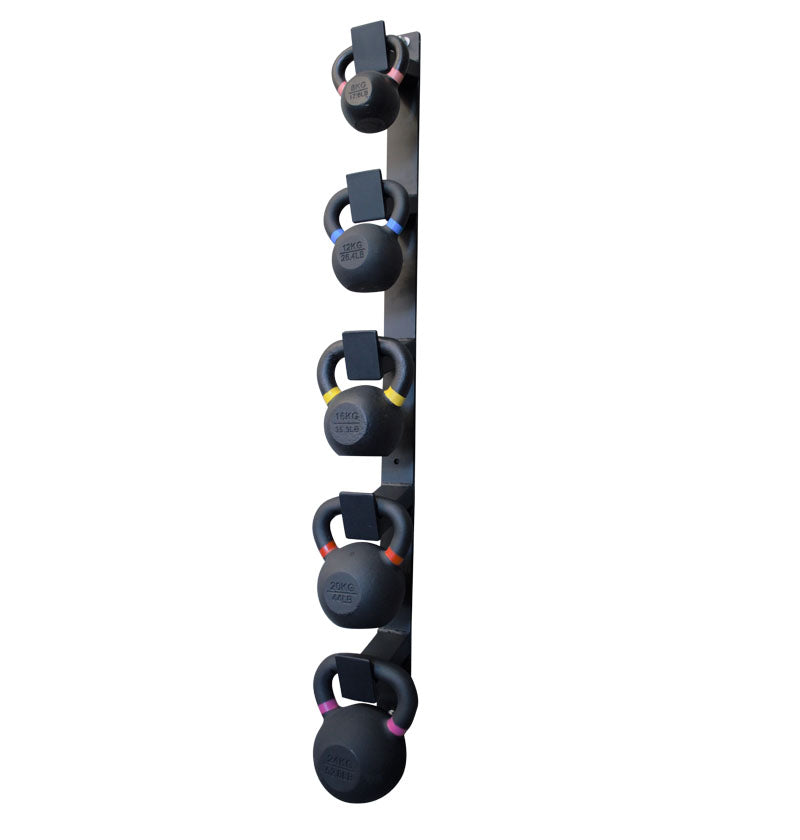 A wall-mounted kettlebell rack featuring five colorful weights, neatly arranged for convenient use and organization.