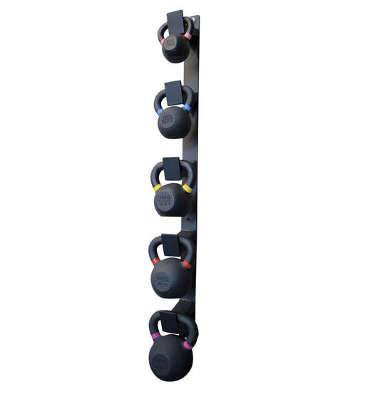 A wall-mounted kettlebell rack featuring five colorful weights, neatly arranged for convenient use and organization.