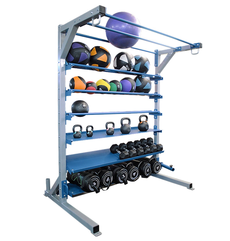 A gym equipment rack featuring an assortment of weights and dumbbells, labeled as ELITE Multi Storage Rack.