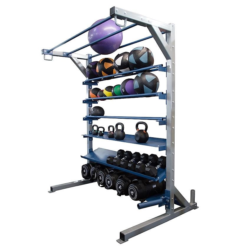 A variety of weights and dumbbells neatly arranged on the ELITE Multi Storage Rack for efficient workout organization.
