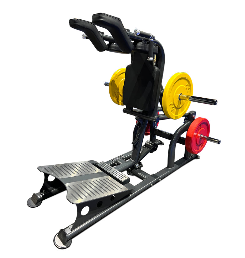 A squat machine featuring two weights, one yellow and one red, positioned for strength training exercises.
