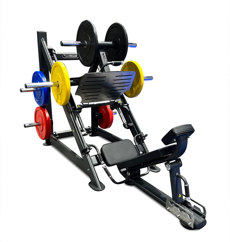 Leg Press and weights displayed in a white background, ready for workout use.