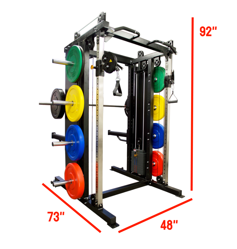 A double-sided squat rack is displayed, emphasizing its height adjustment capabilities for functional training.