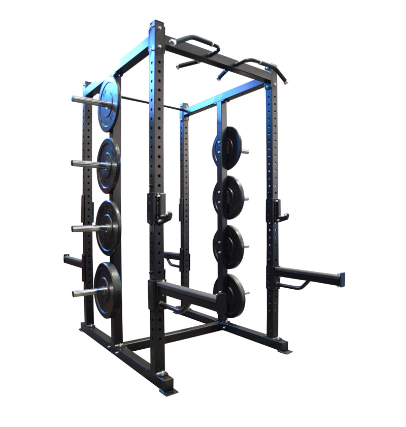 A black power rack, model PL7359, featuring two weight plates, ideal for various strength training workouts.