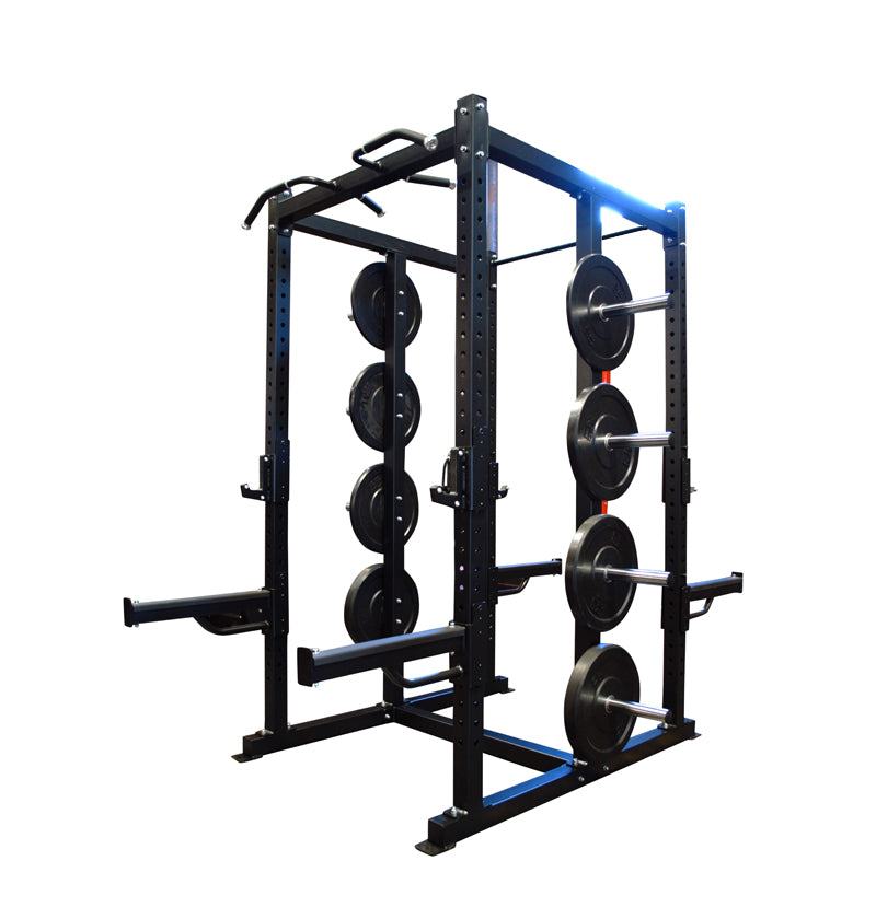 Black Double Sided Power Cage PL7359 with two weight plates positioned on the barbell.