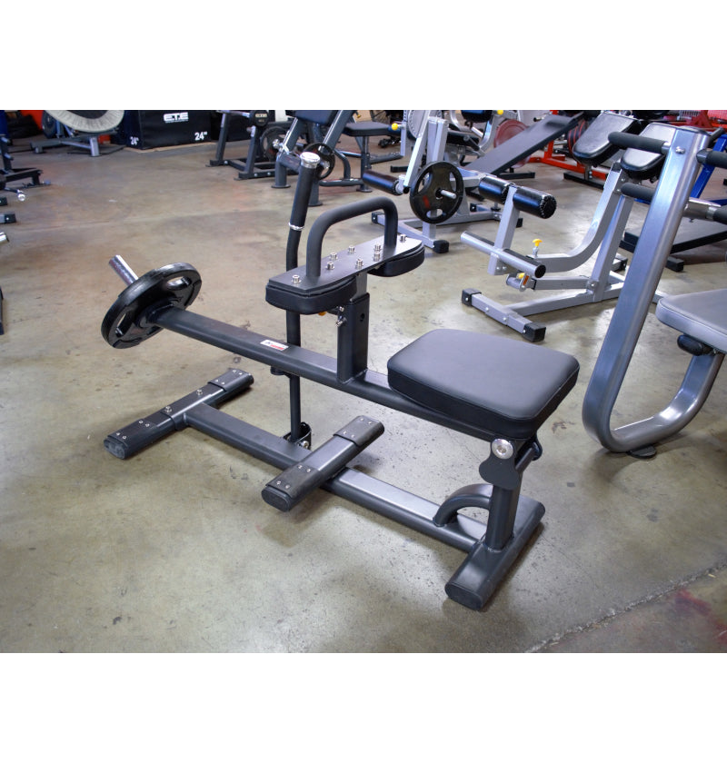 A gym setup featuring a bench and a PL7334 seated calf plate-loaded squat machine.
