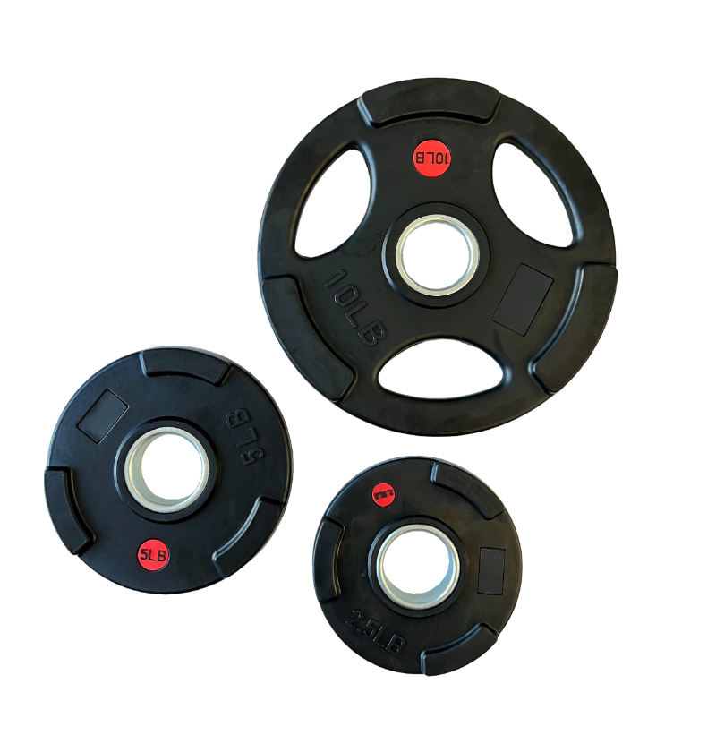 Three black rubber-coated Olympic grip plates featuring red dots for easy identification and grip.