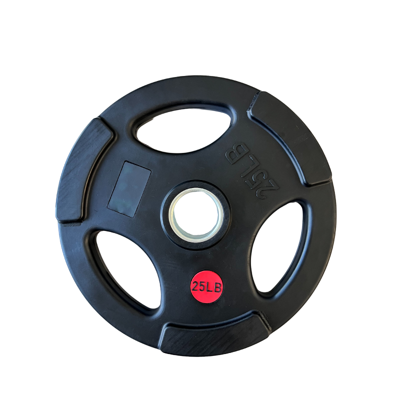Rubber-coated Olympic grip plate, black with a distinctive red dot on its surface.