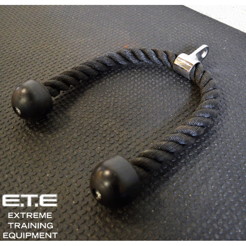 A black tricep rope featuring two black balls at each end, designed for strength training exercises.