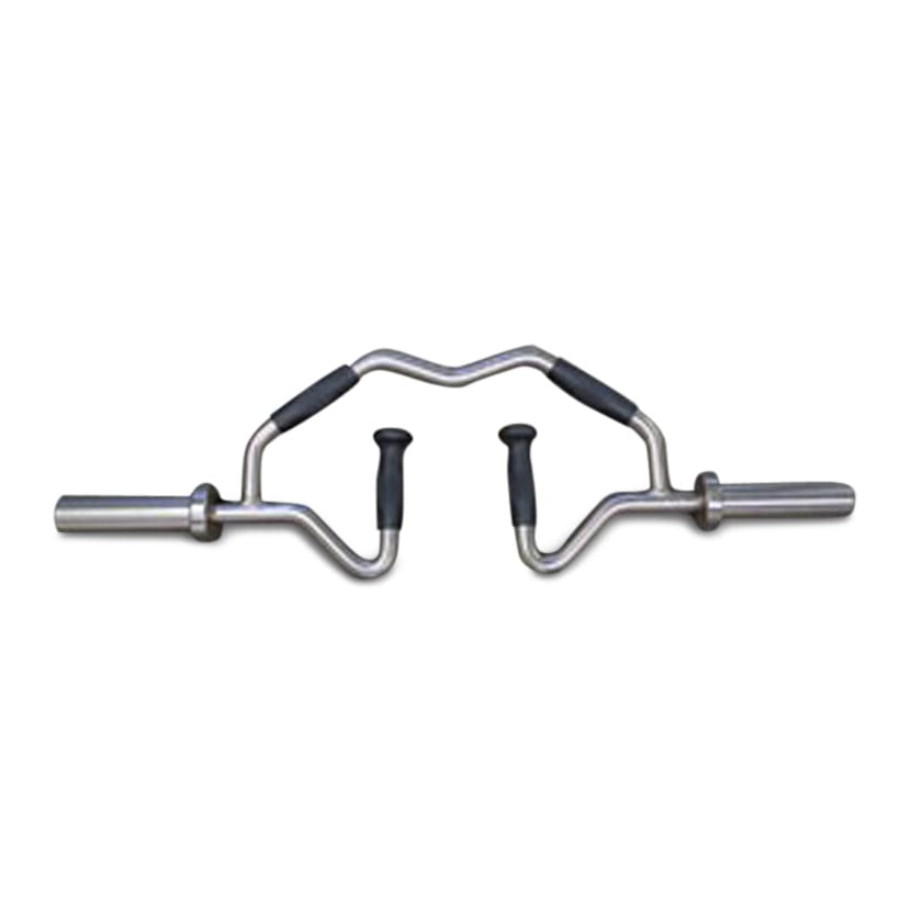 Two metal barbells displayed on a white background, showcasing a Multi Grip Tricep Bar for strength training exercises.