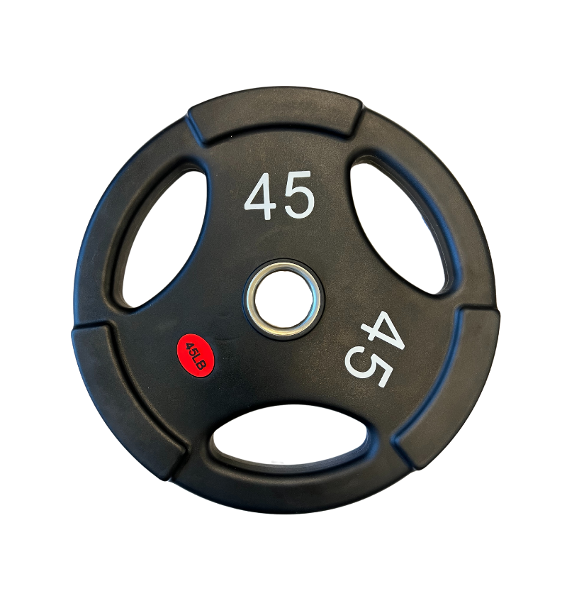 Black rubber weight plate marked 45, included in a 245 lbs Urethane Olympic Grip Plate Set.