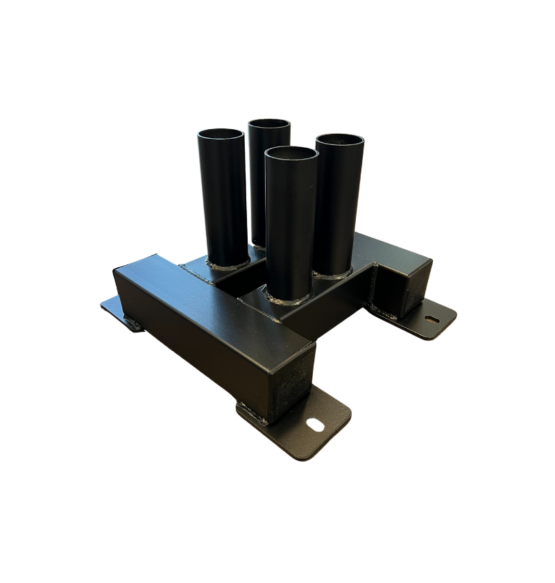Olympic bar holders made of metal, featuring four upright pipes for secure storage.