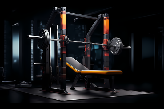 A Smith machine with a weight-loaded barbell and bench in a modern gym, used for muscle strengthening and building.