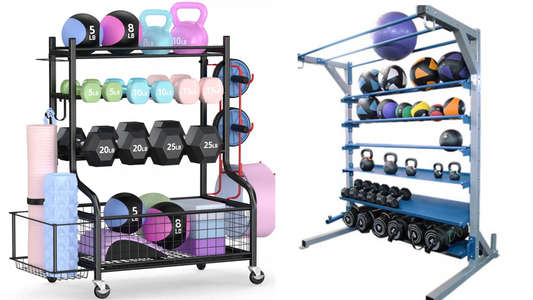 A weight rack filled with different dumbbells and weights, organized for easy access during workouts.