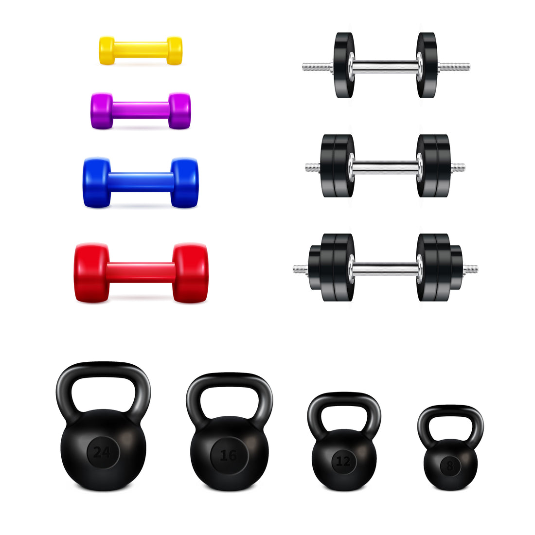 A collection of dumbbells and weights on a white background, ideal for compact home gym setups and full-body workouts.