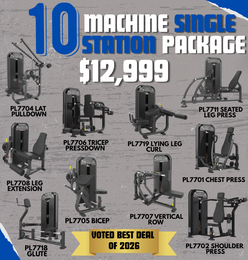 Collection of fitness machines with text indicating a package deal on a gray background
