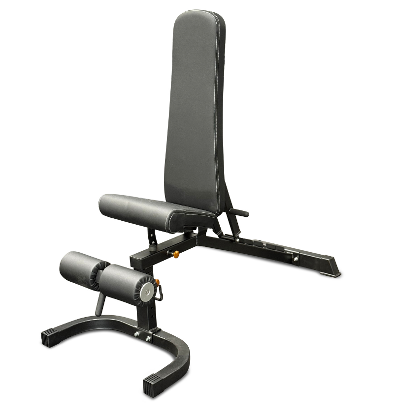 A grey gym bench featuring a padded seat and a footrest for added support during workouts.