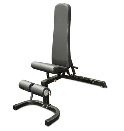 A grey gym bench featuring a padded seat and a footrest for added support during workouts.