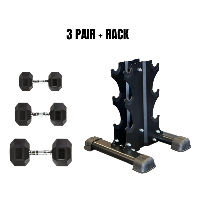 3 Pair dumbbell set with rack package deal on white background gym equipment 