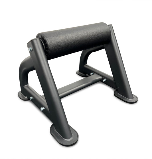 A black exercise bench and bar, suitable for Bulgarian split squats and various strength training exercises.