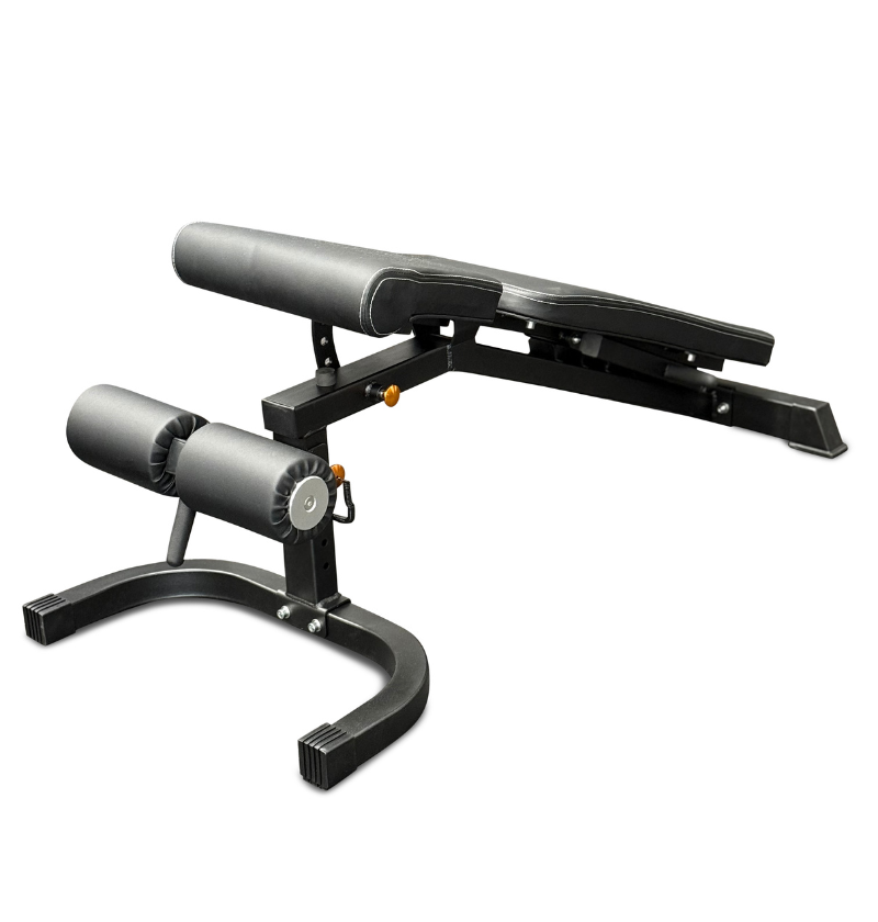 Gray adjustable weight bench on a white background.