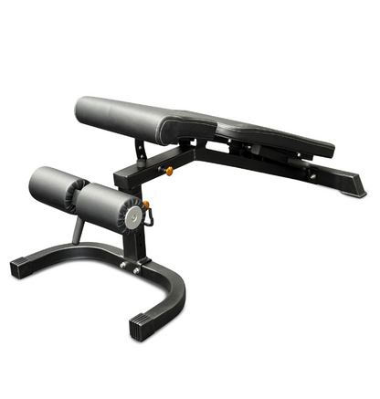 Gray adjustable weight bench on a white background.