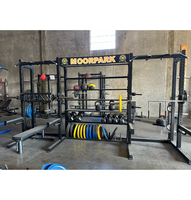 J6602 Double Sided Rack with Storage black workout rack displayed in gym setting