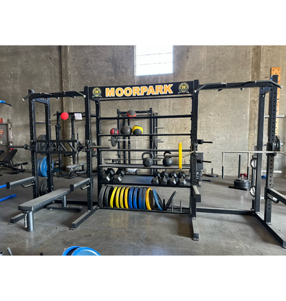J6602 Double Sided Rack with Storage black workout rack displayed in gym setting