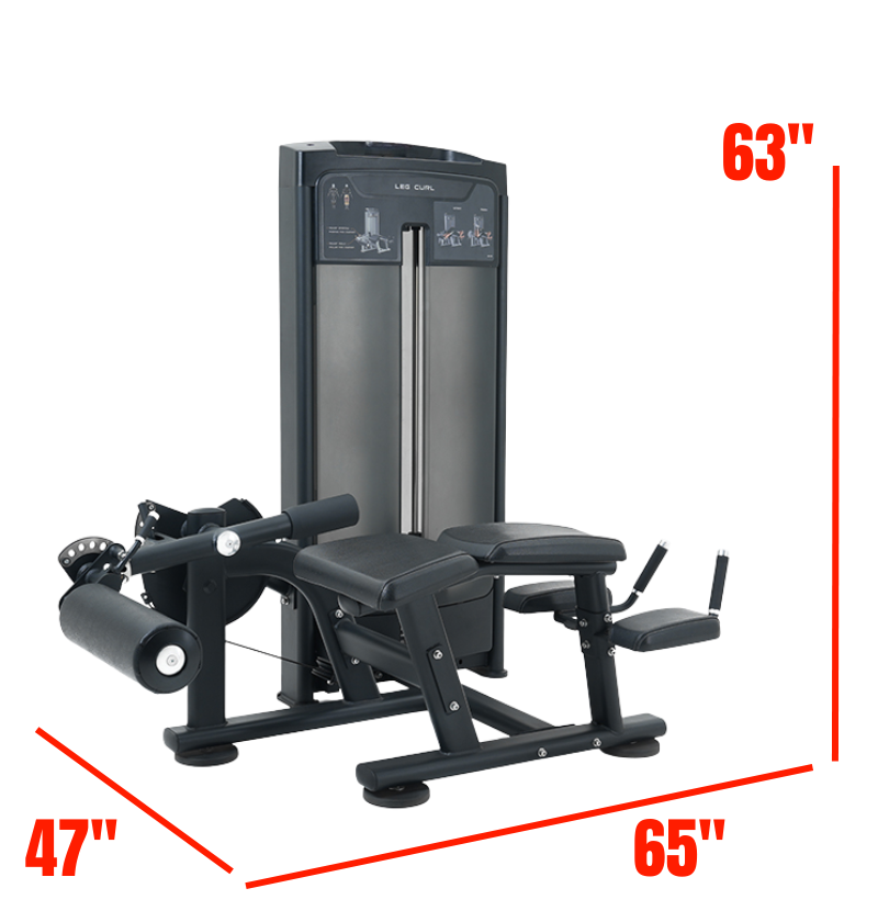 Black prone leg curl machine with dimensions labeled on a white background