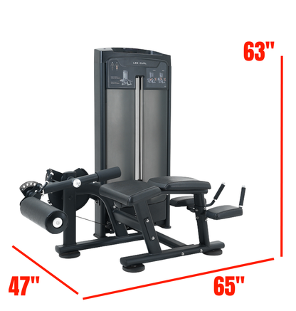 Black prone leg curl machine with dimensions labeled on a white background