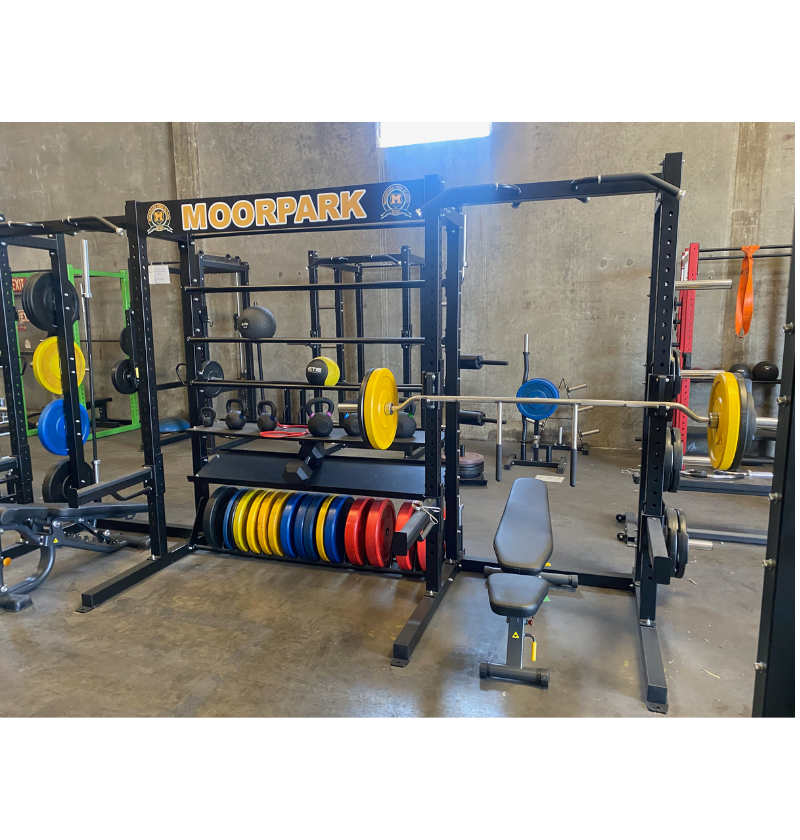 J6602 Double Sided Rack with Storage black workout rack displayed in gym setting 