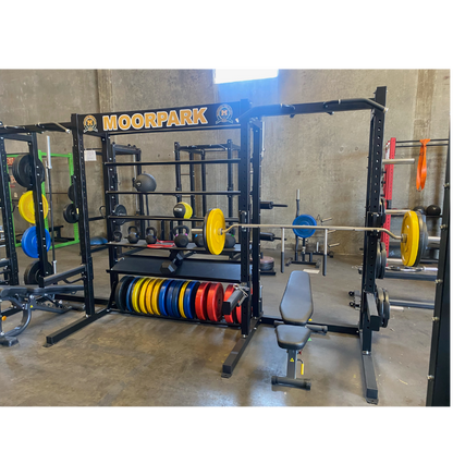 J6602 Double Sided Rack with Storage black workout rack displayed in gym setting 