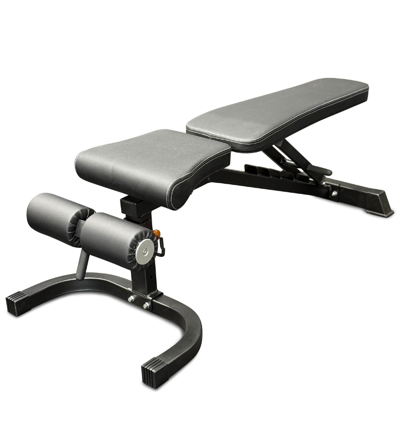 Gray adjustable weight bench on a white background