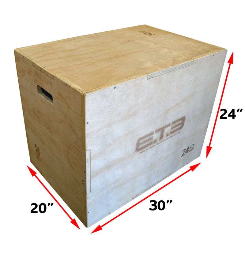 A 3 in 1 Wood Plyo Box with measurements marked on it, featuring handles and a non-slip black PVC coating.