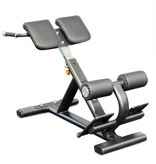 Black 45 Degree Hyperextension PL7329 gym machine with two seats for strength training exercises.