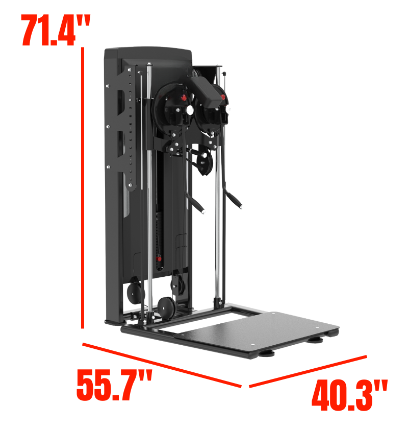 Black Standing Multi Flight Exercise Machine Labeled with Dimensions 